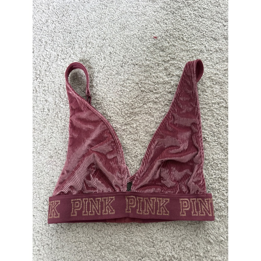 Victorias Secret PINK Velvet Bralette Burgundy Gold Glitter Logo Unlined XS B70